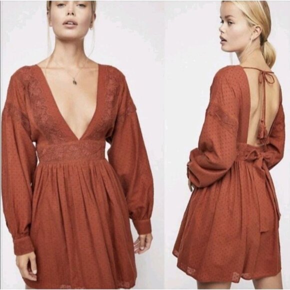 FREE PEOPLE Sugarpie Mini Dress Cinnamon XSMALL Orange Long Sleeve Summer/Fall - Picture 2 of 16
